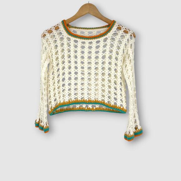 Vintage Tops - Vintage Hand Crochet Open Weave Cropped Sweater Ivory Size Small